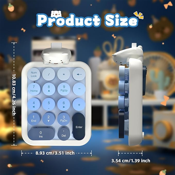 FELICON Cute Wireless Numeric Keypad with Silicon Bear,18-Key Colorful Round Keycaps,Ergonomic,2.4G Wireless Connection,Portable Financial Accounting Numpad Membrane Keyboard for PC,Laptop(Milk Blue)