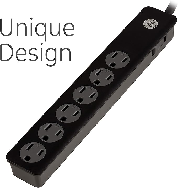 GE 6-Outlet Surge Protector, 2 Pack, 2 Ft Extension Cord, Power Strip, 450 Joules, Heavy Duty Plug, Twist-to-Close Safety Covers, UL Listed, Black, 54626