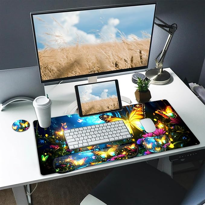 Large Mouse pad and Keyboard Support Set, Ergonomic Memory Foam Keyboard Wrist Rest, Extended Gaming Mouse Pad with Stitched Edges, Neon Butterfly XXL Desk Mat (31.5 X 11.8 in)