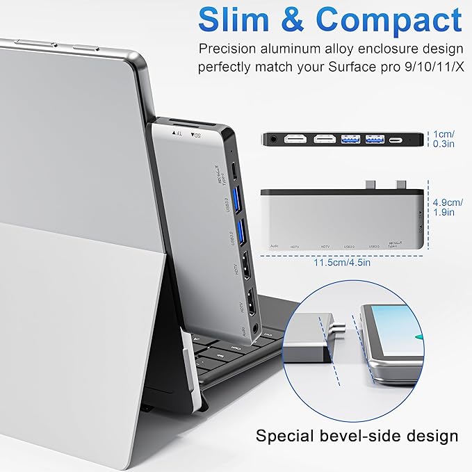 Surface Pro 9/10/11/X Docking Station, Quad Display Surface pro 11 USB Hub with Dual 4K@60Hz HDMI, USB-C (4K@60Hz Video+40Gbps Data+100W Charge), 2 USB3.0, SD/TF, 3.5mm Mic for Surface Pro 11/10/9/X