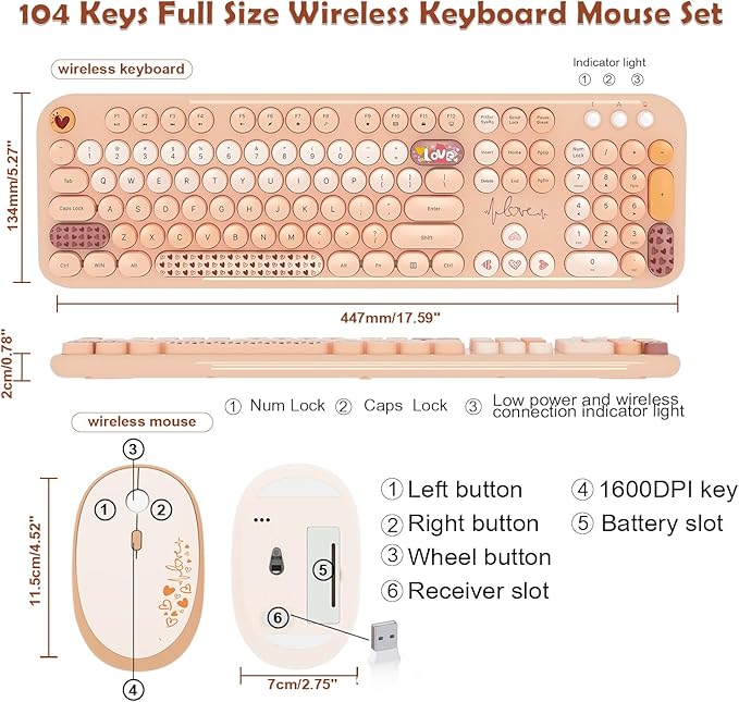 Wireless Keyboard Mouse Combo, Keyboard and Mouse Set,104 Round Keys Colorful Wireless Typewriter for MacBook Windows Laptop Tablet Coffee