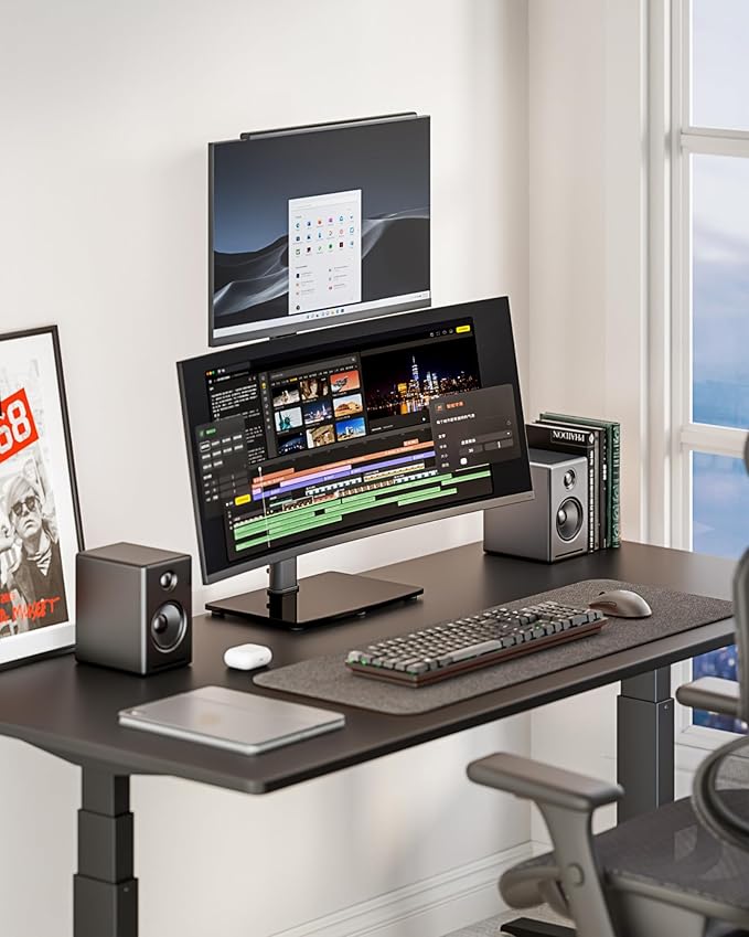 Vertical Dual Monitor Stand for 17–34 Inch Screens, Stacked Monitor Mount, Holds up to 33 lbs per Arm, Tabletop Screens Riser with Full Motion, 33.3" Pole 12 Height Settings, 75/100 VESA