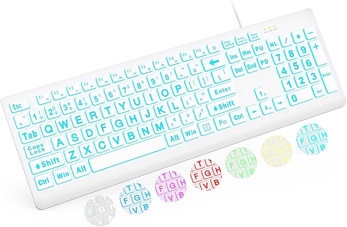 SABLUTE Large Print Backlit Keyboard, Wired USB Lighted Computer Keyboards with 7-Color & 4 Modes Backlit, Oversize Letters Keys Easy to See and Type, Keyboard Compatible for PC, Laptop (White)
