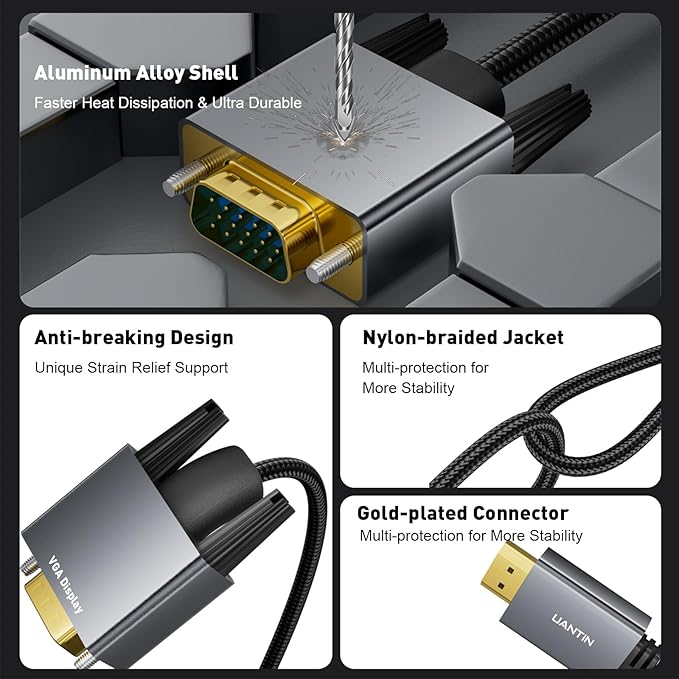 HDMI to VGA Cable Adapter 6FT (Anti-Interference Gold-Plated Plugs) Uni-Directional Only, 1080p@60Hz HDMI (Source) to VGA (Display) Braided Cord for PC,Laptop,Xbox,Graphics Card