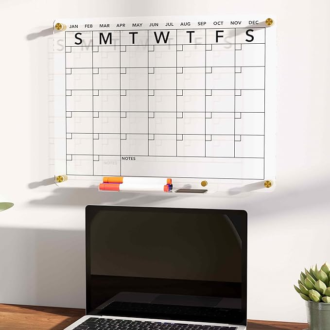 Acrylic Dry Erase Calendar Whiteboard for Wall, 16"x12" Clear Monthly Planner White Board, w/ 4 Colors Markers