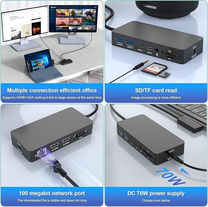 for New MS Surface Dock Triple Display with Power Supply,12 in 1 Surface Pro Docking Station Dual 4K HDMI+VGA for Surface Pro 9/8/X/7/6/5/4/3,Surface Laptop go/5/4/3/2/1,Surface Book 3/2/1