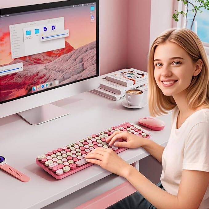 Wireless Keyboard and Mouse Combo, Round Keycaps, Retro Typewriter Keyboard Silent, Auto Sleep, 2.4G Wireless Connection for PC/Windows/Mac (Pink)
