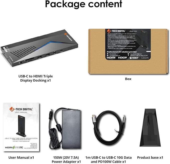 J-Tech Digital 14 in 1 Docking Station up to 4K 60Hz, 3X HDMI, 6X USB, Ethernet, SD/TF, 100W PD, Audio/Mic - Compatible with macOS/Windows, Supports SST/MST (Driver Required)