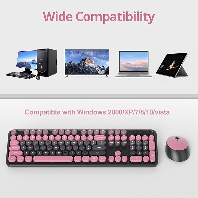 Black Pink Keyboard and Mouse Combo Wireless, 2.4G Full Size 104-Key Retro Typewriter Keyboards Round Keys for Students Teenagers Home Office PC Laptop(Berry Powder)
