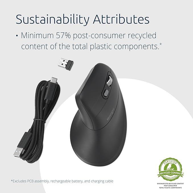 Kensington MY630 EQ Wireless Rechargeable Mouse, Ergonomic Vertical Design, Bluetooth LE, 2.4GHz, Black (K72484NA)