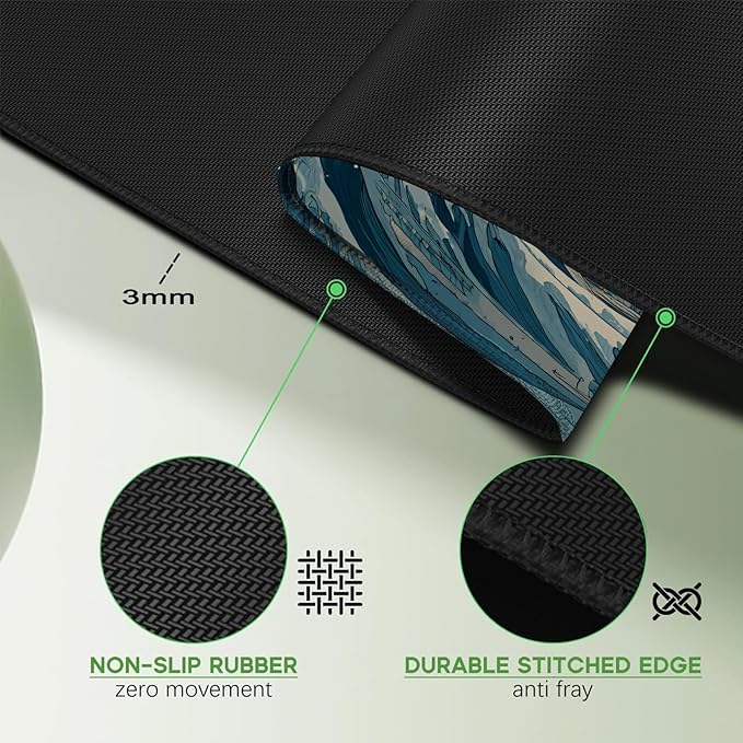 Kanagawa Wave Surfing Mouse pad,Large Japanese Anime Pattern Desk mat with Sewn Edges, microwoven Fabric, Easy to Clean, Suitable for Laptop Gaming Mouse pad (31.5×11.8in)
