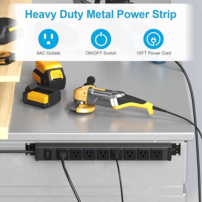 HHSOET Metal 360° Rotating Mountable Power Strip, 8 Outlet Gaming Table Mounted Outlet Strip, Heavy Duty Wall Mount Surge Protector with Switch,1200J,15A 125V 1875W, 10ft Power Cord.(Black)
