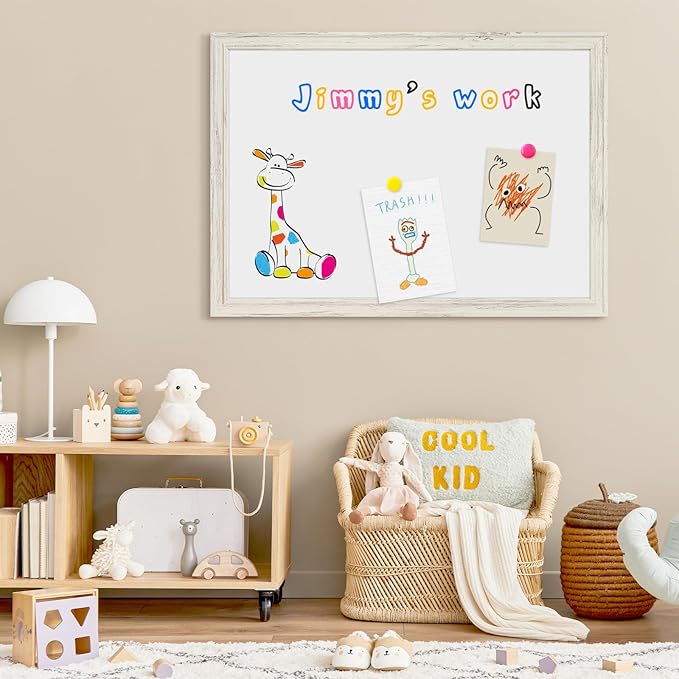 4 THOUGHT Dry Erase Board, 24 x 18 in Magnetic Whiteboard White Vintage Wood Frame Decorative White Board Wall-Mounted Notice Board for School, Office, Home, 8 Magnets 4 Markers 1 Eraser