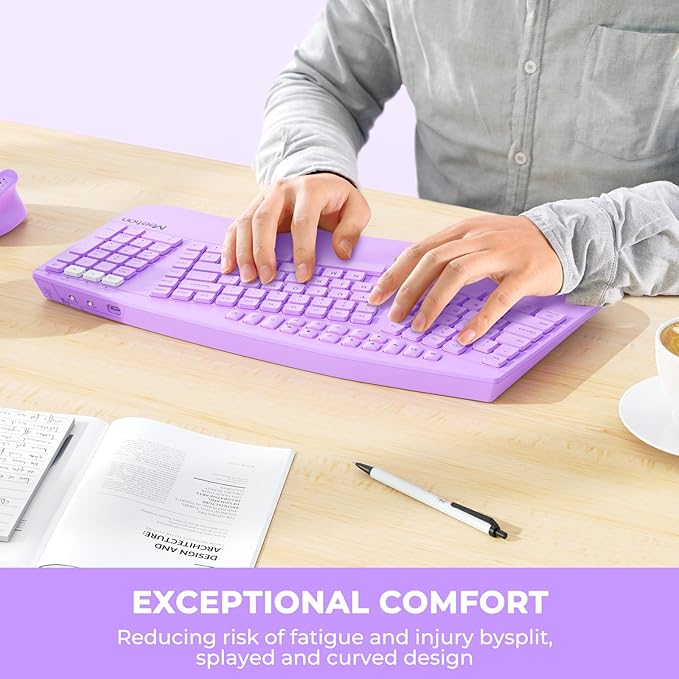 MEETION Ergonomic Keyboard Wireless, Multi-Device Bluetooth Keyboard, Full-Sized Rechargeable Split Computer Keyboards, Wrist Rest for Natural Typing, for Windows/Mac/Laptop/Table/PC, Purple
