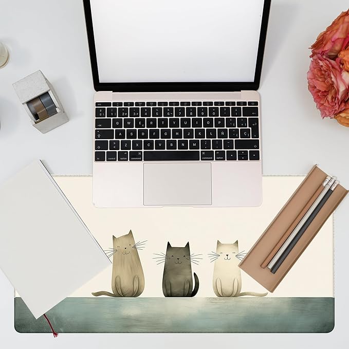 Desk Pad, Three Smiling Cartoon Cats Desk Mat, Large Gaming Mouse Pad, 31.5"x15.7" Extended Big Computer Keyboard Mouse Pad with Non-Slip Base and Stitched Edge