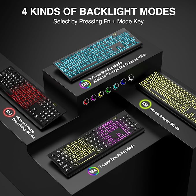 SABLUTE Large Print Backlit Keyboard, Wired USB Lighted Computer Keyboards with 7-Color & 4 Modes Backlit, Oversize Letters Keys Easy to See and Type, Keyboard Compatible for PC, Laptop