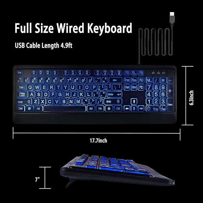 Large Print Backlit Keyboard, Wired Lighted Computer Keyboards with 7-Color Backlight, Light Up Oversize Letter Keys, Foldable Stands, USB Quiet Keyboard for PC, Windows, Laptop (Colorful Backlit)