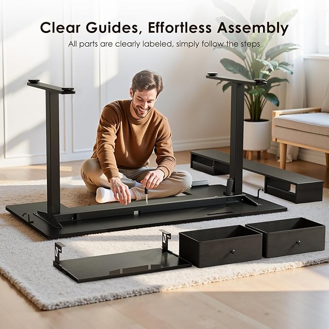 OffiGo U Shaped Electric Standing Desk with Drawers, 55 Inch Height Adjustable Desk with Keyboard Tray & Ergonomic Monitor Stand, Sit Stand Table with Power Outlets for Home, Office, Black