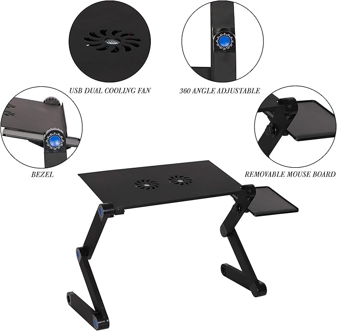 Foldable Aluminum Laptop Desk Adjustable Portable Laptop Table Stand with 2 CPU Cooling Fans and Mouse Pad Ergonomic Lap Desk for Bed and Sofa Up to 17 Inches