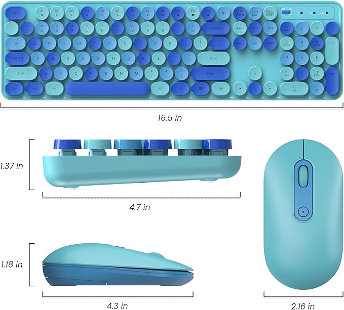 Wireless Keyboard and Mouse, LIZRROT Silent Keyboard Mouse Combo, Full-Sized Colorful Typewriter Keyboard with Round Keycaps, 2.4G Cute Mouse Compatible with PC/Laptop/Computer(Blue)