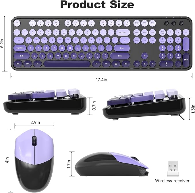 MOFII Wireless Computer Keyboard and Mouse Combo, Typewriter Full Size Keyboard with Number Pad and 2 in 1 USB Connected Mouse for PC Laptop Desktop Windows 7 8 11, Black & Purple
