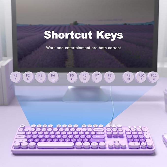 MOFII Keyboard Wired Large Print, Computer Keyboard Plug Play, Colorful Retro Round Typewriter Keyboard with Numeric Keypad and Media Hotkey for Windows PC Laptop (Pale Purple)