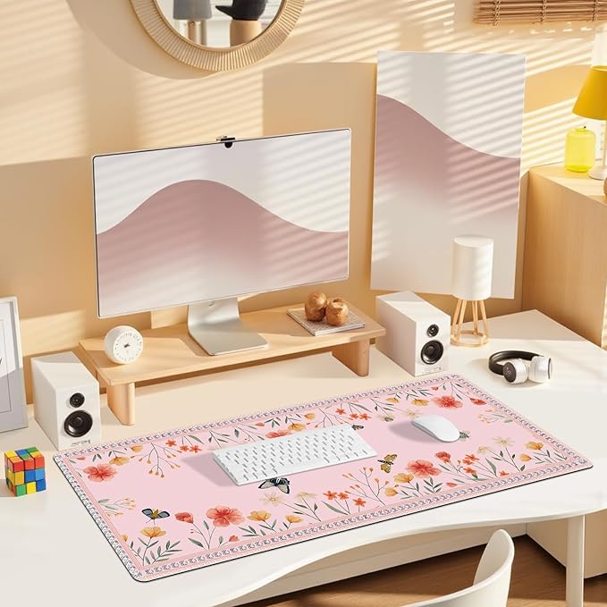 Desk Pad for Keyboard and Mouse, Large Mouse Pad for Desk, Non-Slip Keyboard Mat, Computer Mats for Desk, Cute Desk Pad with Stitched Edges for Office, Gaming I Pink Butterflies Flowers