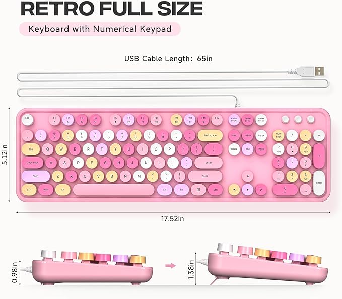 Computer Keyboard Wired, Plug and Play USB Retro Round Typewriter Keyboard, Full Size Wired Keyboard with Foldable Stands for Laptop and Office PC- Pink Colorful