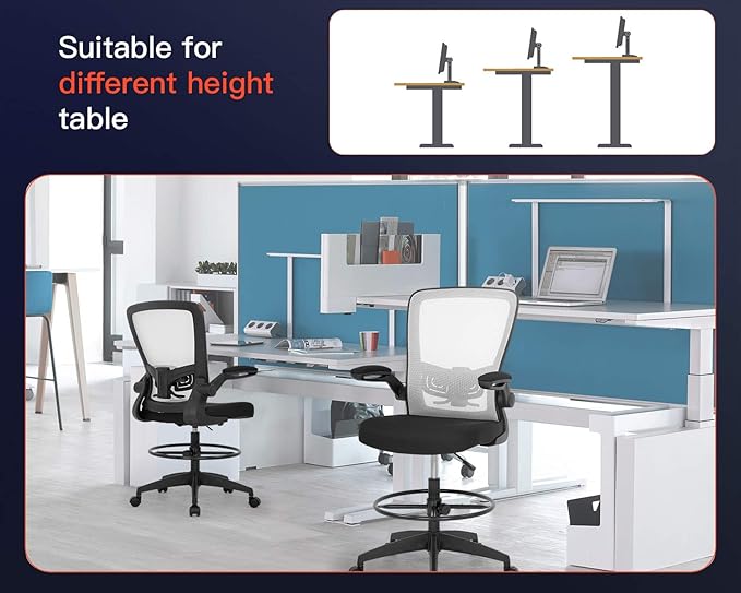 BestOffice Drafting Chair Tall Office Chair Adjustable Height with Lumbar Support Arms Footrest Mid Back Standing Desk Chair with Swivel Rolling Mesh Stool White