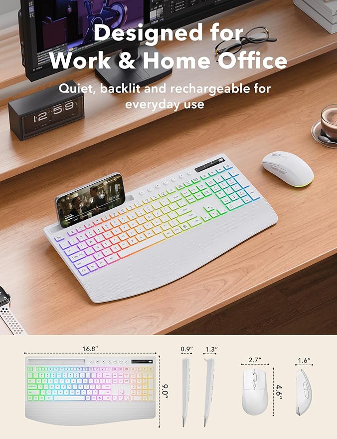 Trueque Wireless Keyboard and Mouse Combo, 4000mAh Rechargeable Backlit Keyboard with Wrist Rest & Phone Holder, Full Size Quiet Typing 2.4G USB-A/Type-C for PC Laptop Windows Mac (White)