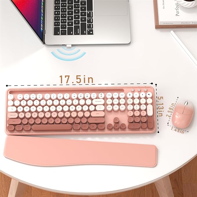 Colorful Wireless Computer Keyboard and Mouse Combo with Phone Holder, Wrist Rest, Typewriter Keys, 2.4GHz Wireless, Full-Sized Optical Mouse for PC and Laptop(Peach Colorful)
