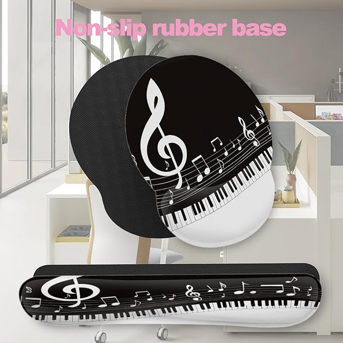 Black and White Piano Notes Mouse Pad with Wrist Rest Set, 3-in-1 Wrist Support Mousepad Set, Gaming Mat Pad with Anti-Skid Base,Ergonomic Memory Foam Mouse Pad Set for Women, Office, Typing, Gaming