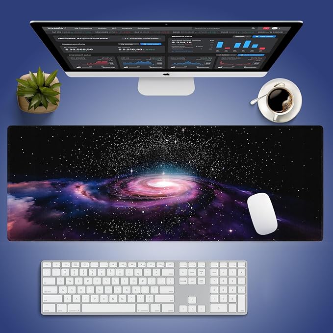 Wknoon. Extra Large Gaming & Office Mouse Pad (31.5" x 11.8") – Blue & Purple Spiral Galaxy in Outer Space Andromeda Nebula Star Dust Cosmic Whirl, Premium XXL Desk Mat with Durable Stitched Edges