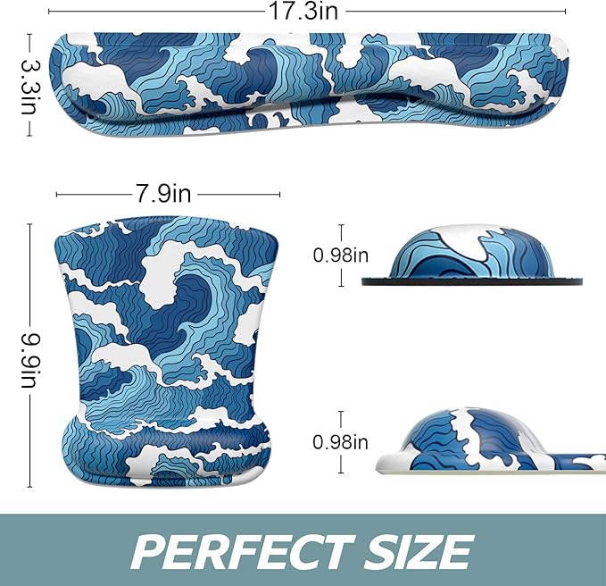 ITNRSIIET Mouse Pad Wrist Support Keyboard Wrist Rest Pad Ergonomic Mousepad Non-Slip Memory Foam Keyboard Pad Easy Typing Pain Relief Perfect for PC Laptop Gaming Office,Japanese Style Waves