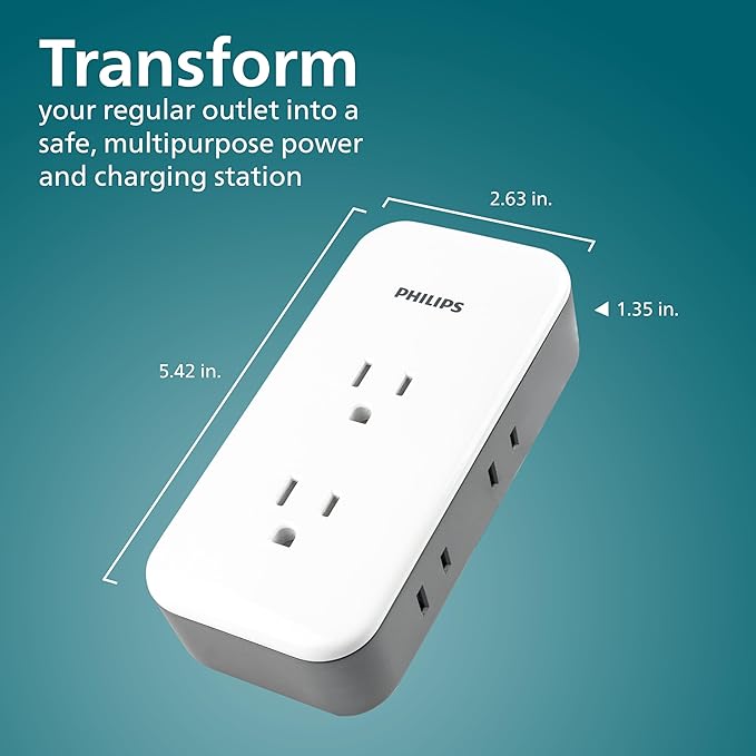 Philips All-in-One Surge Tap with USB, 2 Grounded & 4 Polarized Outlets, 1 USB-C & 1 USB-A Port (15W Shared), 490 Joules, ETL Certified, White/Gray, SPP3503GW/37