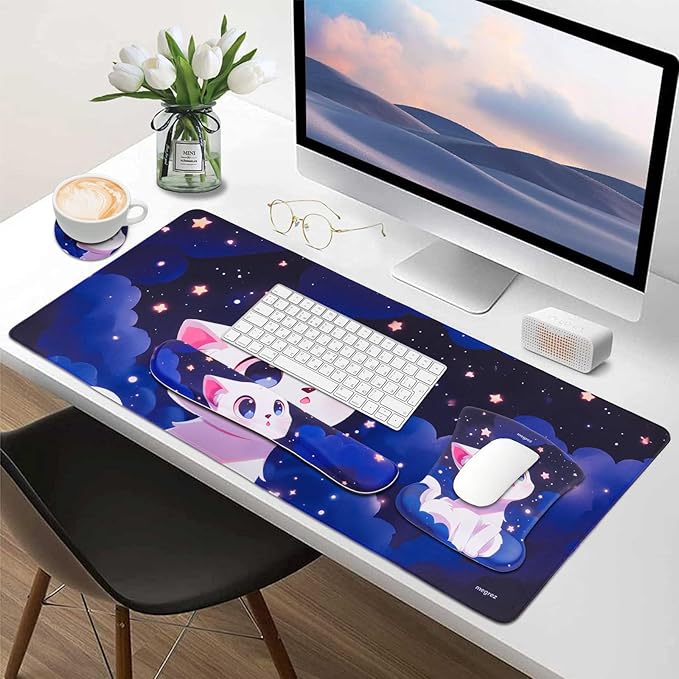 MEGREZ 4-in-1 Ergonomic Memory Foam Wrist Rest Set, Desk Pad, Mouse Pad with Wrist Rest, Keyboard Pad, Suitable for Office Workers, Programmers & Gamers–Relieve Typing & Gaming Fatigue, Blue Purple