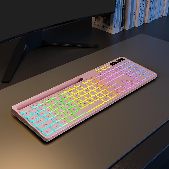 Wireless Keyboard with 7-Color RGB Backlit, Full-Size Computer Keyboard with Phone Tablet Holder, 2.4G Rechargeable Gaming Keyboard with Light Up Keys, Compatible with Mac, Windows (Pink)