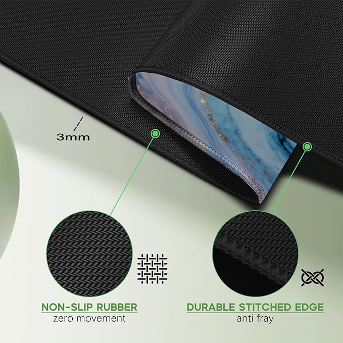 Blue Marble Mouse pad, Large Gold Micro-Woven Fabric Desk mat, with Sewn Edges, Anti-Slip Rubber Base, Suitable for Office Gaming laptops (31.5×11.8 inches)
