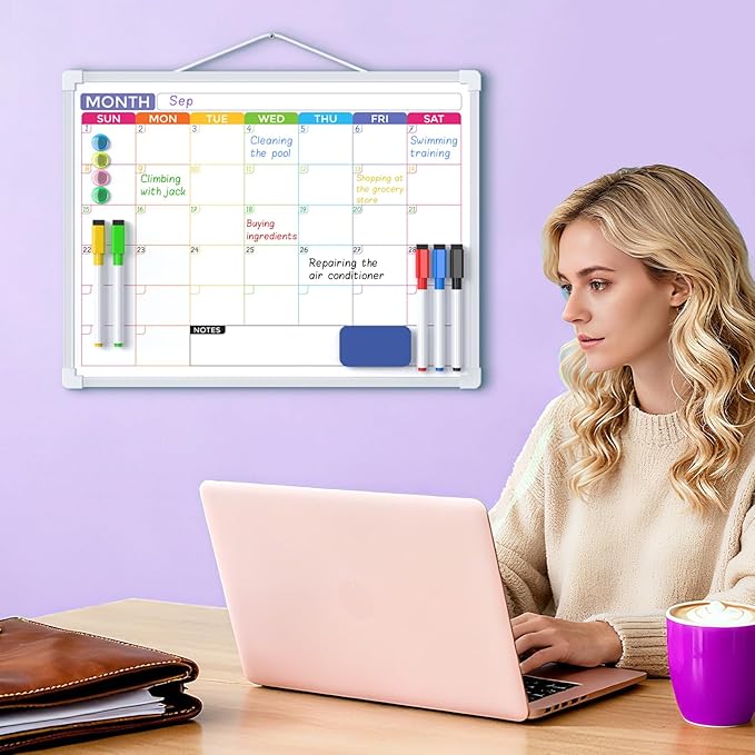 MaxGear Monthly Calendar Dry Erase Board for Wall, 16"x12" Small Hanging Double-Sided White Board with 5 Markers & 4 Magnets, Portable Whiteboard for Students - Planning, Drawing, Memo, to Do List