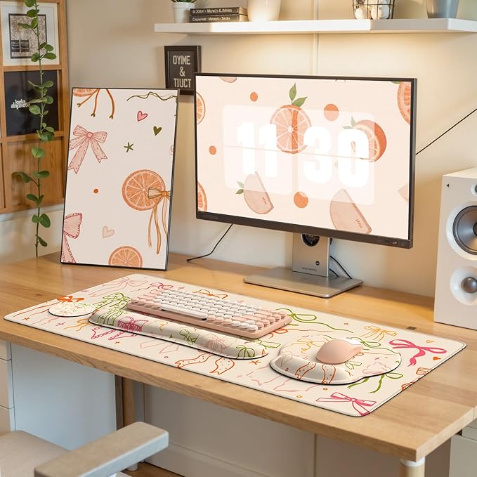 iLeadon Desk Protector Mat, Non Slip Long Mouse Pad and Keyboard Wrist Rest, Carpal Tunnel Mouse Pad and Computer Wrist Support, Soft Ergonomic Keyboard Pad with Wrist Support for Women Office (Bow)