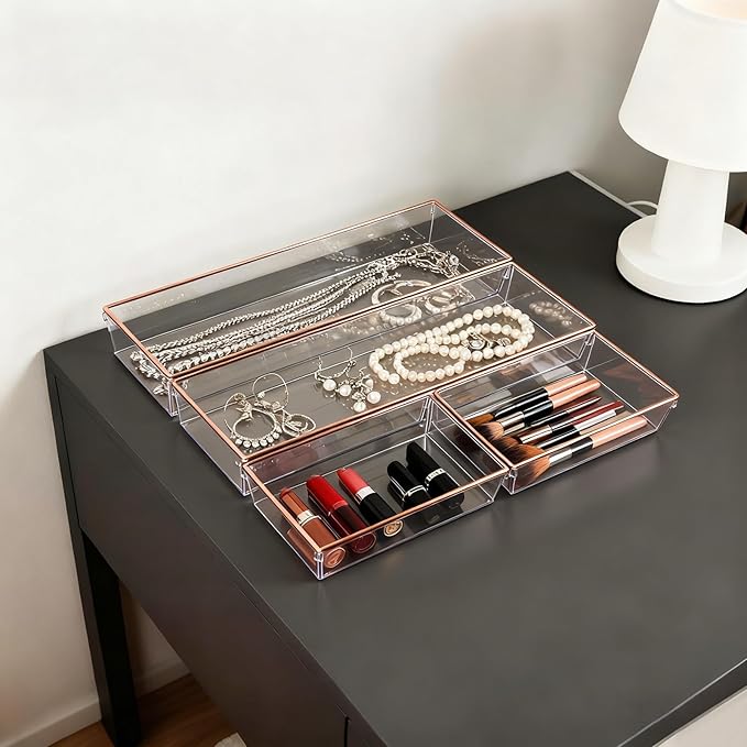 12 Pack Large Size Clear Stackable Drawer Organizer Trays, Rose Gold Rim Makeup Drawer Storage Tray Divider, Desk Storage for Makeup, Jewelry, Bathroom, Stationary, Kitchen Utensils and Office Desk