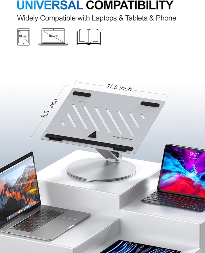 Adjustable Laptop Stand for Desk - 360° Rotating Ergonomic Riser with Aluminum Cooling Vents & Sturdy Construction for 10-16 Inch MacBook Pro/Air, Foldable Portable for Office & Home - Silver