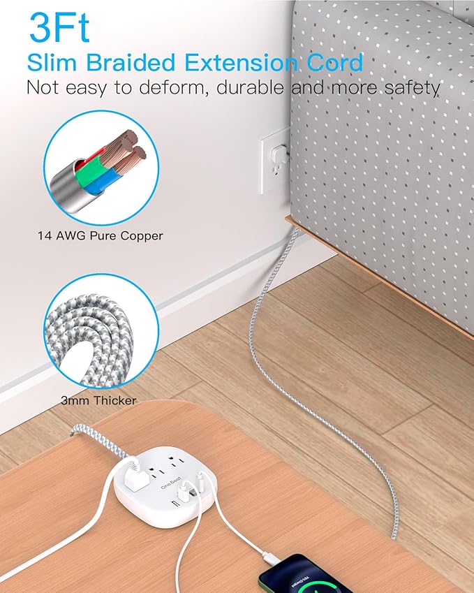 Flat Plug Power Strip, Flat Extension Cord 3 Ft - 3 Outlets 4 USB Ports (2 USB C) 22.5W/4.5A Desktop Charging Station, Power Strip No Surge Protection for Cruise Ship, Dorm Room Travel Essentials