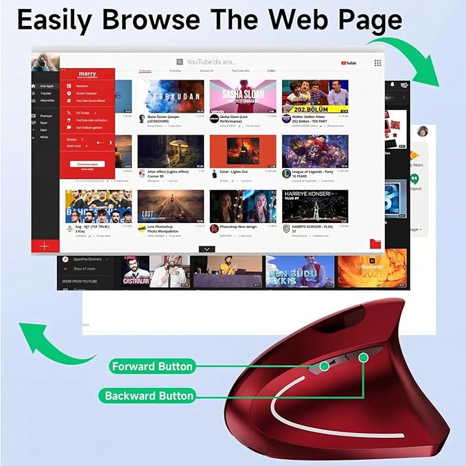 Ergonomic Vertical Wireless Mouse Stylish Rechargeable 2.4G Optical Mice Cordless Mouse with USB Receiver, 800/1200 /1600 DPI, 5 Buttons for Laptop,PC,Mac,Computer (Red)