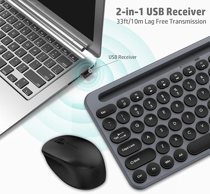 LeadsaiL Wireless Keyboard and Mouse Combo, Full-Sized Ergonomic Computer Keyboard with Phone Tablet Holder, 2.4GHz Silent Cordless Keyboard Mouse Set for Windows Laptop, PC, Desktop - Grey