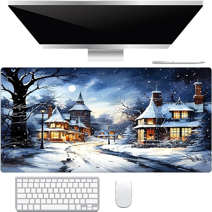 HVEST Winter Mouse Pad for Desk, Winter Snow Scene Desk Mat XL,Large Keyboard and Mouse Pad with Non-Slip Rubber Base and Stitched Edge for Game, Office, Home 31.5'' x 15.7''
