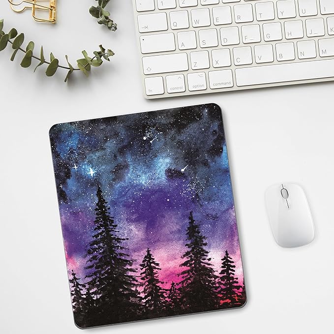Forest Tree Mouse Pad Cute, Purple Starry Sky Night Vintage Watercolor Mountain Plant Mousepad Vertical Aesthetic Nature Scenery Office Small Desk Pad Non-Slip Mouse Mat Washable Desk Decor Accessory