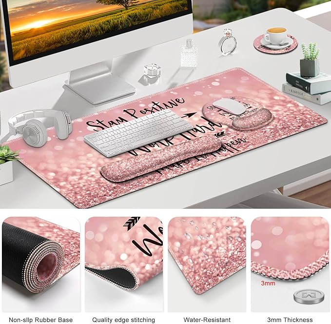 ToLuLu Desk Mat, XXL Large Mouse Pad Wrist Support Set,4 in1 Gaming Mousepad Desk Pad+ Ergonomic Mouse Pad with Wrist Rest + Keyboard Wrist Rest+Coaster for Women Home Office Table, Pink Stay Positive