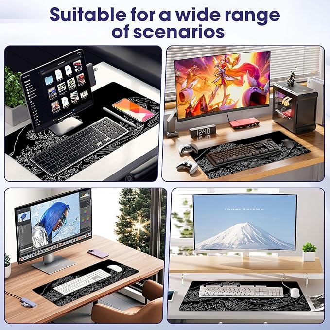 LifetimeWarrantly Japanese Sea Wave Large Gaming Mouse Pad – 35.4" x 15.7" Full Desk Mat, Non-Slip Rubber Base, Stitched Edges, Waterproof, Durable Surface for Esports, Office, Home