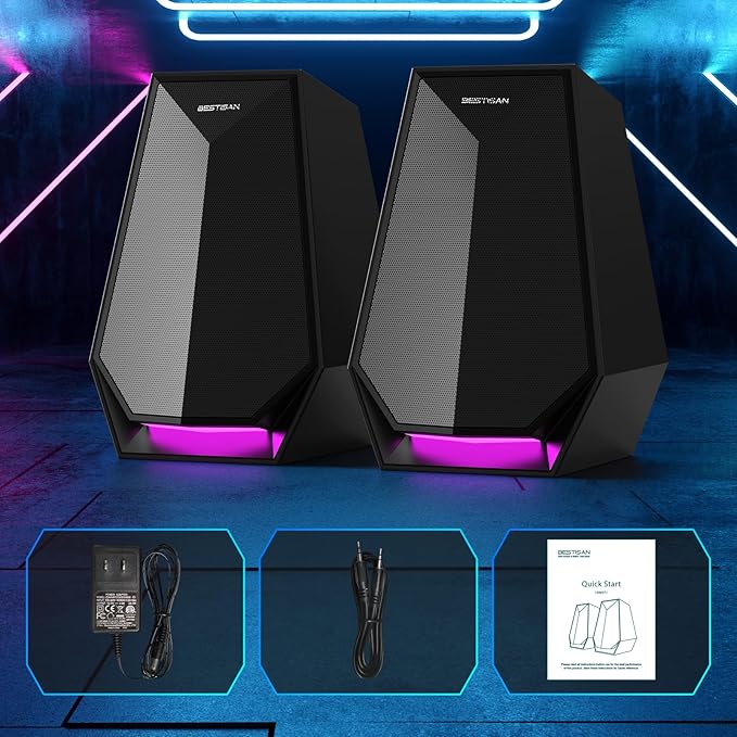 BESTISAN Computer Gaming Speakers for Desktop PC - 30W Powered Monitor Speakers with Bluetooth/AUX/Type-C Connections, 6 Colorful Lights, Compatible with Monitor, Gaming Setup & Laptop